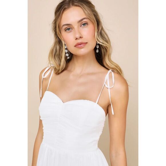 Lulus Angelic Approach White Chiffon Ruffled Tie-Strap Mini Dress Size XL NWT - Picture 4 of 9